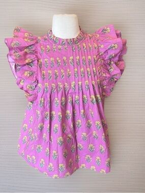 Ultramarine Bella Top Purple Yellow Flowers Double Ruffle Sleeve